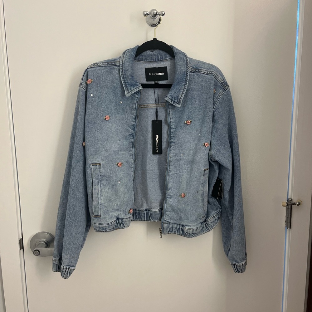 NWT Fashion Nova Rosette Denim Bomber Jacket